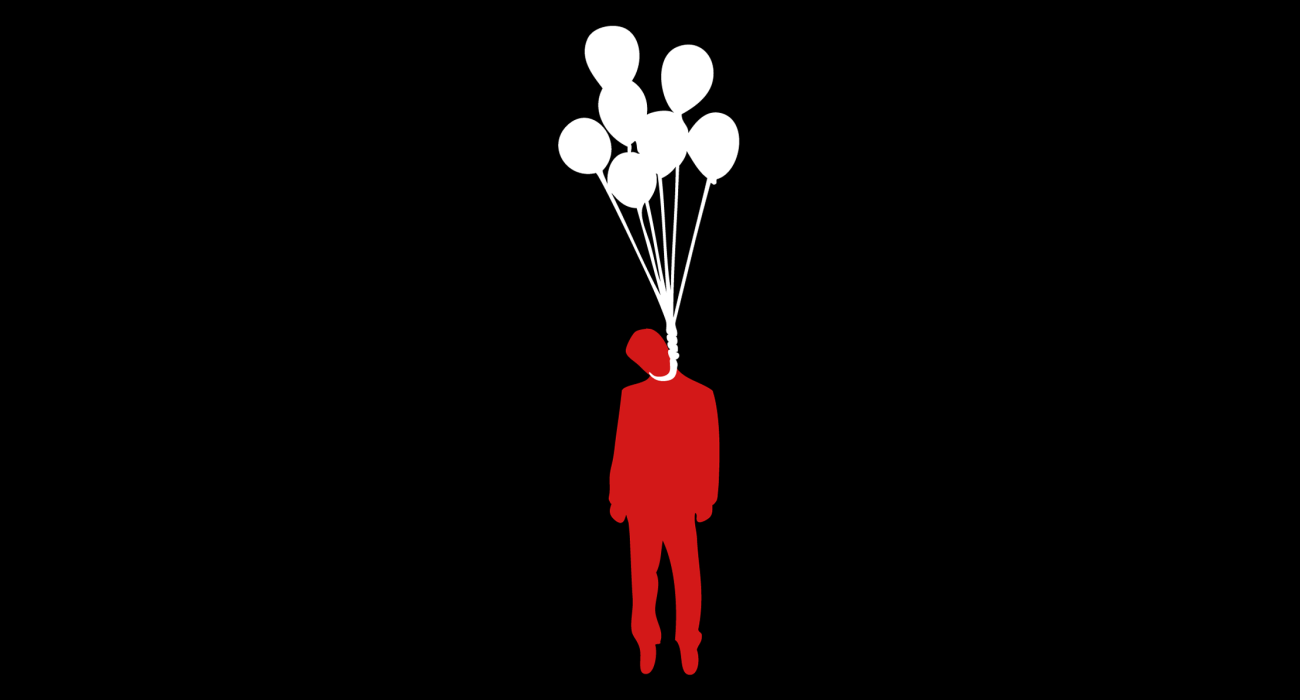 A silhouette of some sad sack of a man floating in the air ironically hanging himself with a big happy batch of balloons. Ah despair how deliciously you juxtapose with mirth