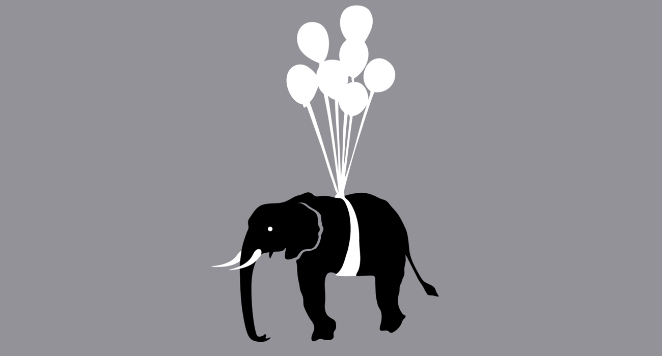 An elephant being suspended in the air with a bunch of balloons. One of my more lighthearted and whimsical offerings
