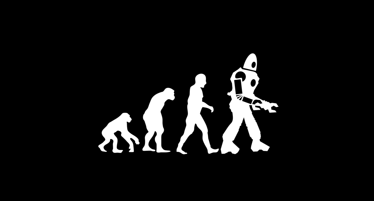 A classic evolution diagram except that the final stage isn't modern man but instead a terrible robot! Implying we mere mortals will soon be obsolete. I for one am looking forward to not facing all the expectations and pressures that comes with being the dominant lifeform on the planet
