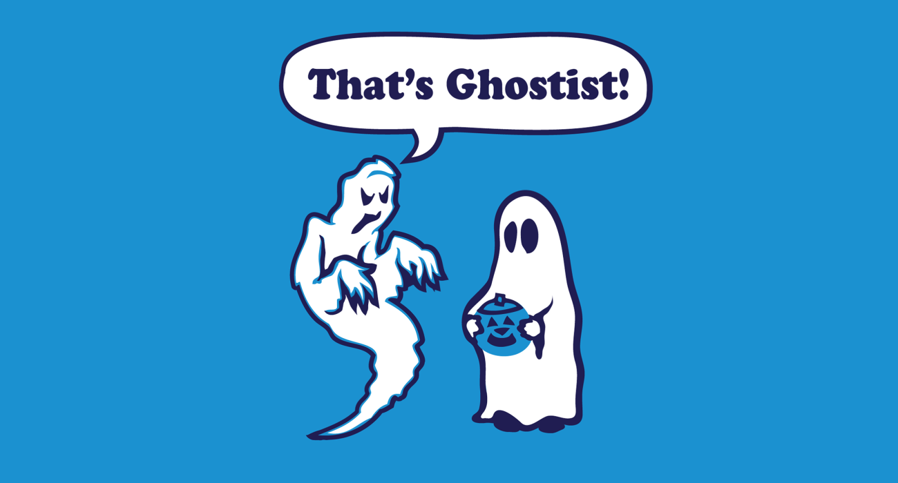 A ghost apparently quite offended by the spectral stereotype perpetuated by a 'trick or treating' child