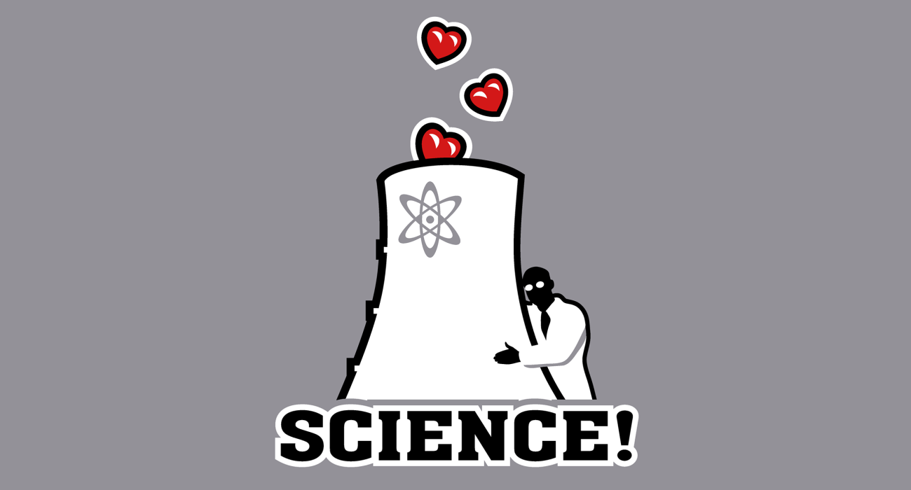 A scientist gently hugging a cooling tower which in turn is producing delightful heart bubbles from its spout