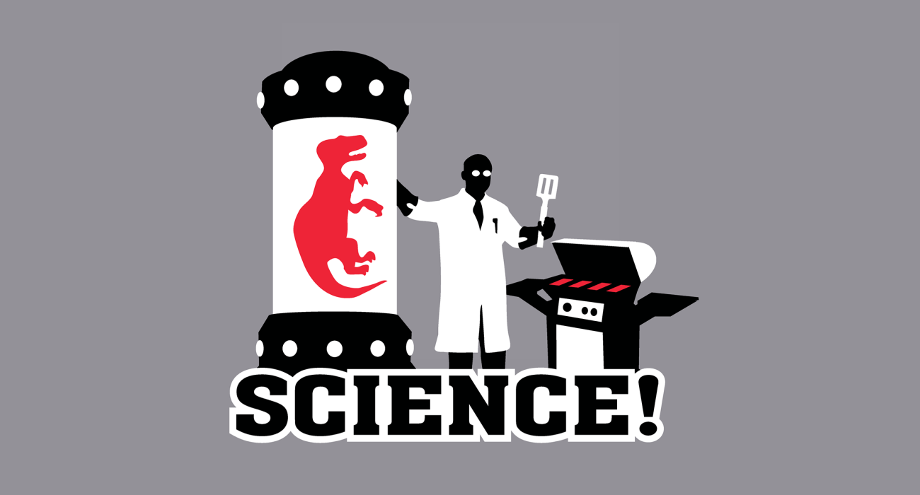 A jovial scientist cloning himself up a dinosaur for the sake of adding making him the main course at a summer Barbecue
