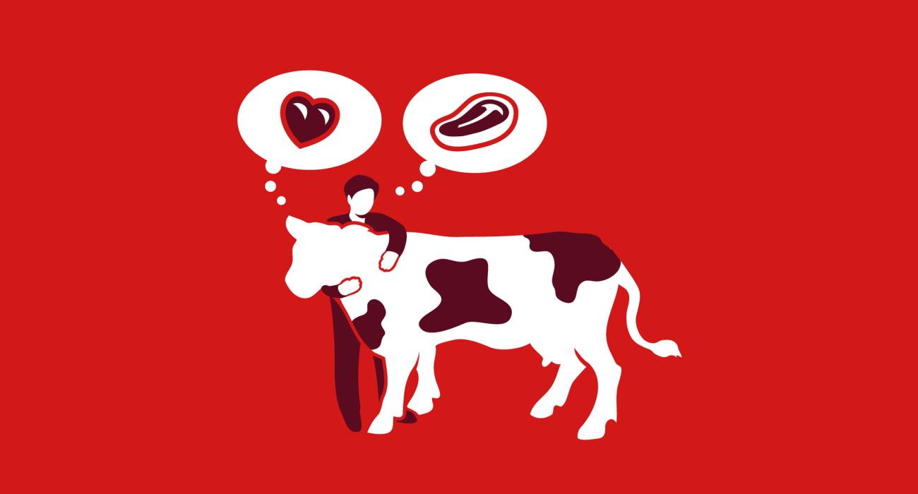 A person and a cow hugging with the cow thinking about love and the person thinking about how delicious the cow will be once grilled. A tad dark perhaps, but only if you suffer from empathy