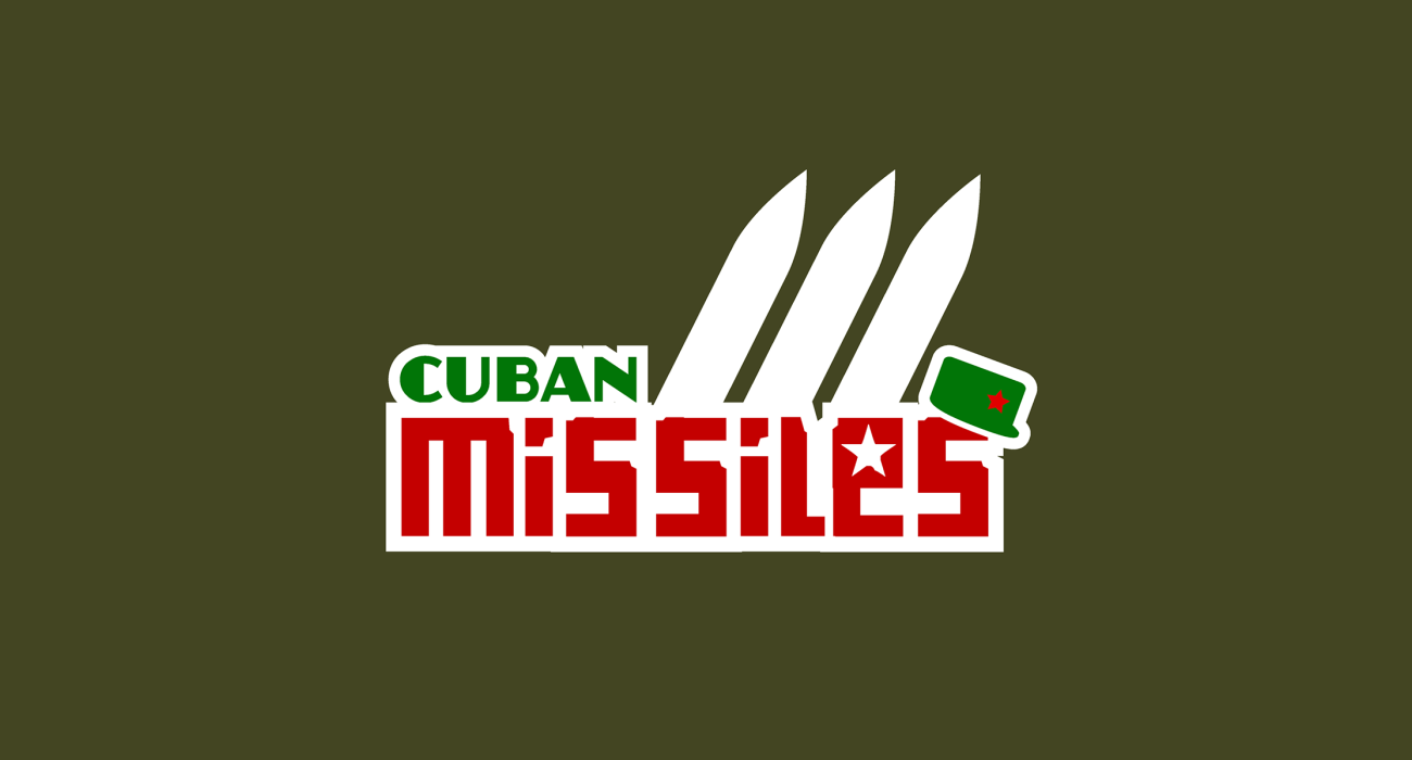 A trio of missiles, a dapper lil' military cap, and a soviet style block font combine to represent the cuban missile crisis of 1962
