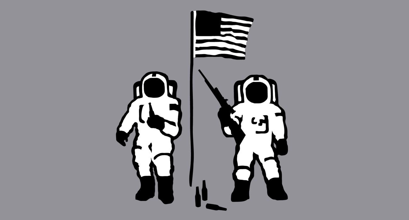 A pair of hillbilly spacemen armed with guns and sloshing beers while protecting the flag we planted on the moon presumably from illegal Mexican space immigrants