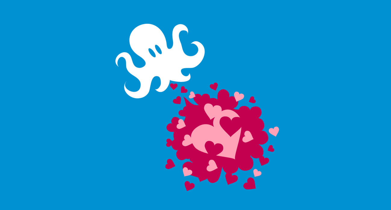 A kindly Octopus squirting a cloud of heart shaped ink