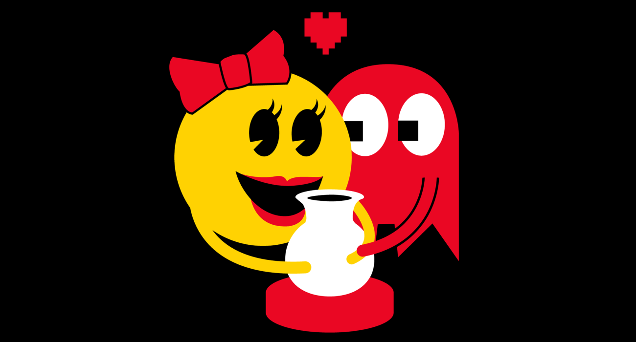 Ms. Pac Man and Blinky having a romantic moment over a pottery wheel. Ghosts just get hot and bothered by Unchained Melody I guess