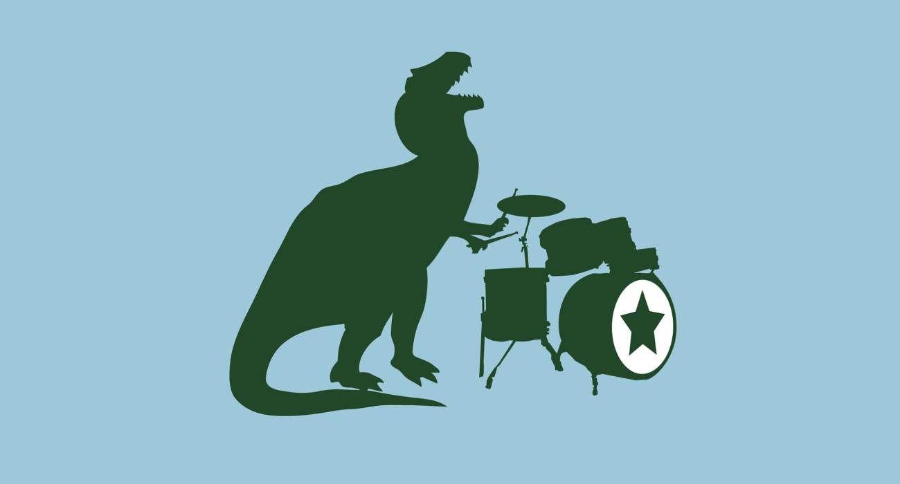 A big nasty ol' T-Rex rocking out on the drums. Which modern science tells us is was the most musical of all the dinosaurs. I just really like the idea of him flailing away with his teeny tiny arms