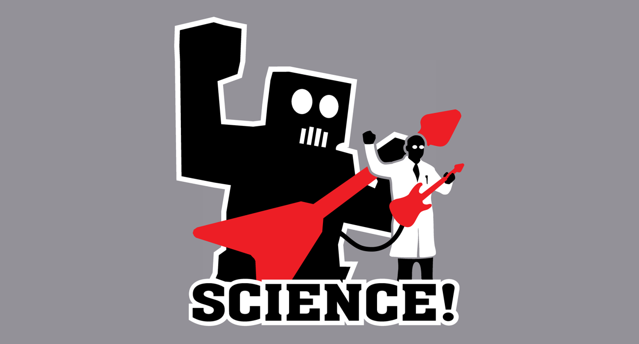 A scientist strumming on a guitar somehow rigged to a giant guitar wielding robot
