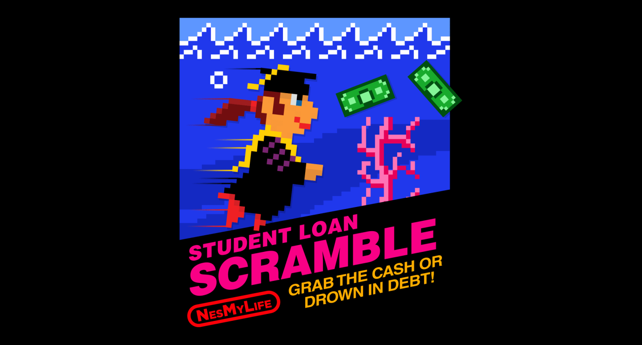 A recent graduate submerged in the metaphorical waters of student loan debt. A delightfully pink sprig of coral enters the scene, perhaps representing her father