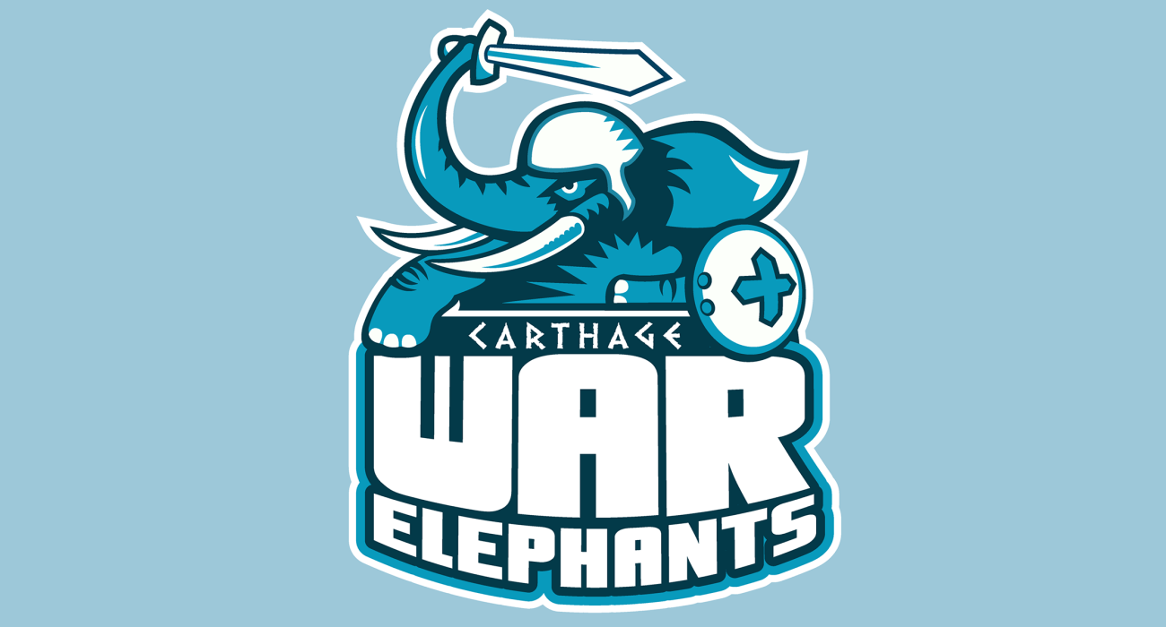 A mighty War Elephant, sword raised! A reference to when that wacky Hannibal crossed the alps and slapped around the Romans in the battle of the Trebia